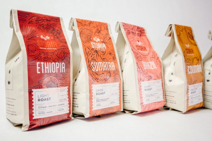 Storia Coffee Bean bags in a row